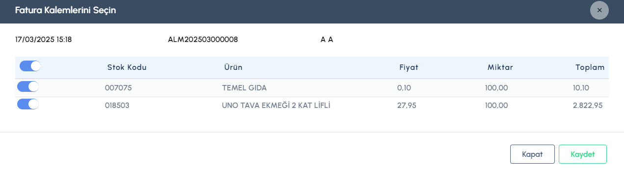 Fatura Kalemleri Sec