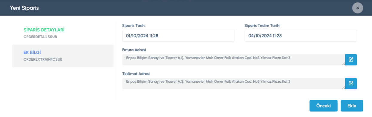 Yeni Satış Siparişi Ekle